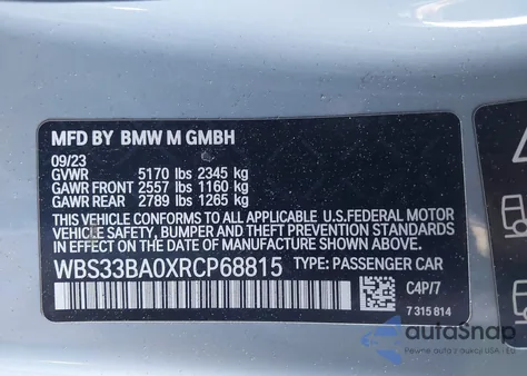2024 BMW M4 Competition xDrive z USA, uszkodzony, nr VIN WBS33BA0XRCP68815